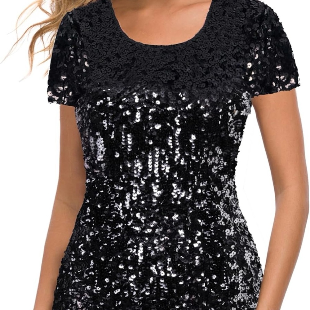 Black Sequin Short Sleeve Top